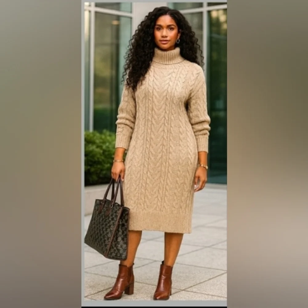 Sweater Dress Capsule Classic Cable Knit Soft Stretch Turtleneck Midi New